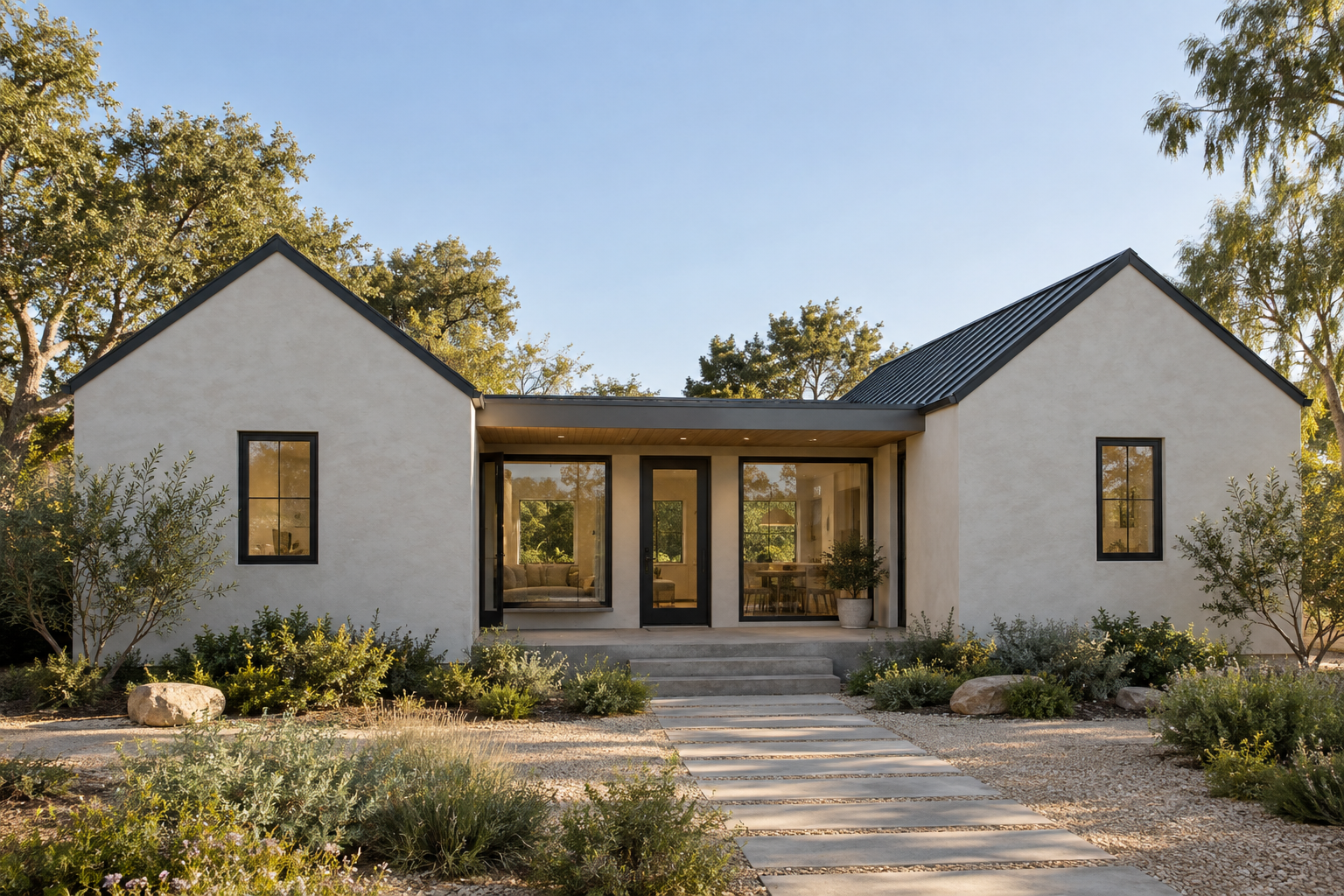 Two gabled wings framing a shared family living space