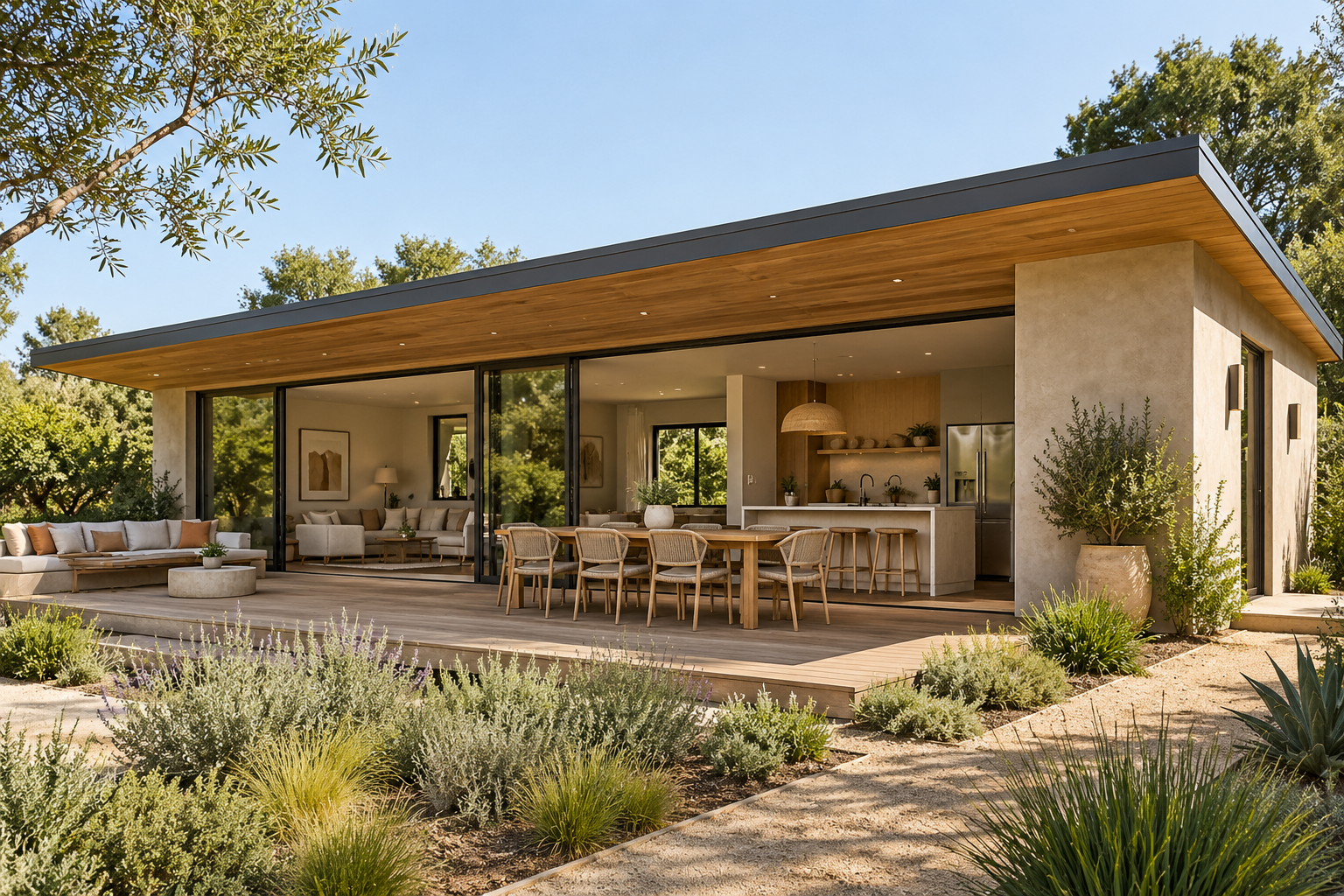A warm social pavilion with a wide shaded terrace and natural wood soffit