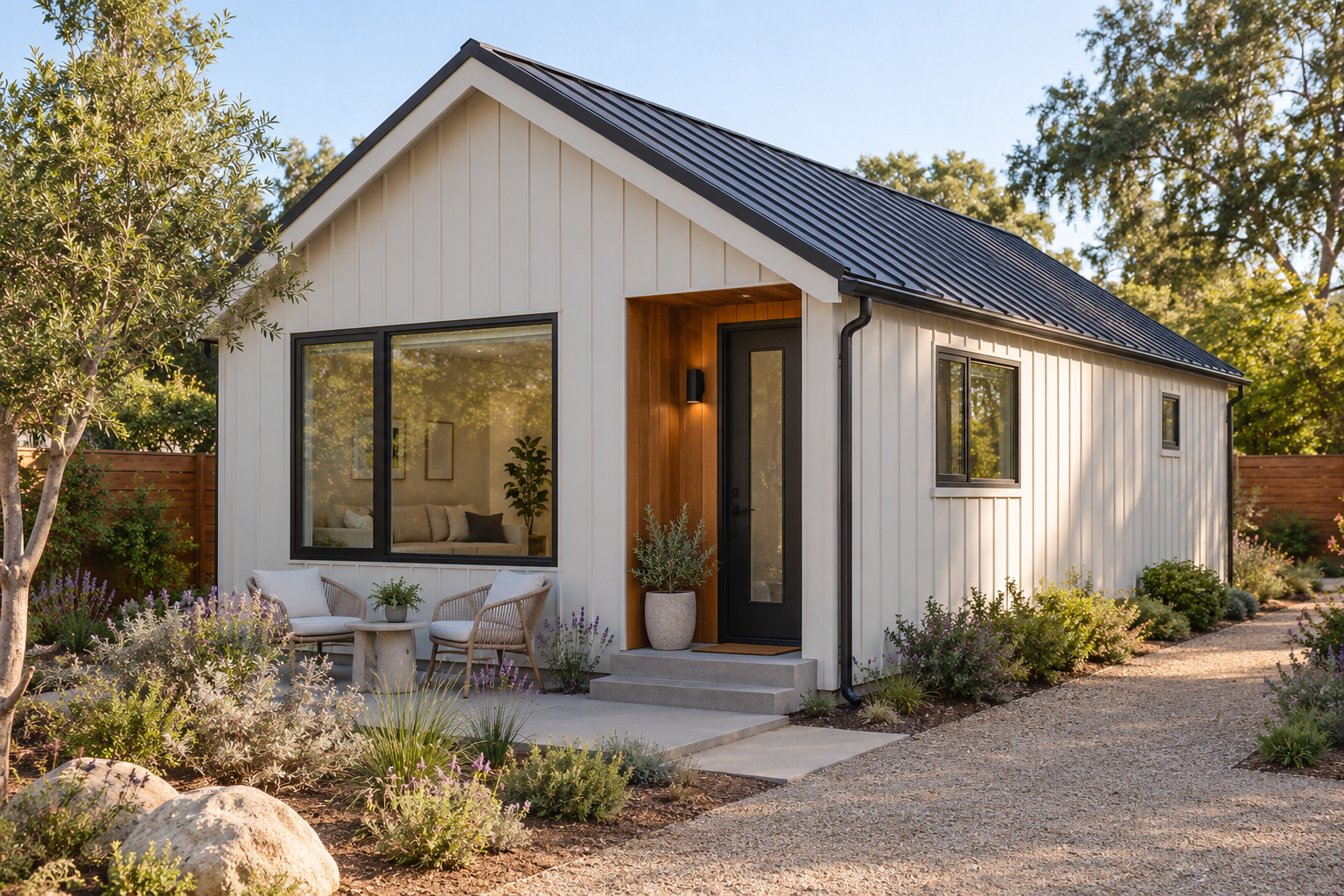 A compact single-gable cottage with a recessed entrance and private garden