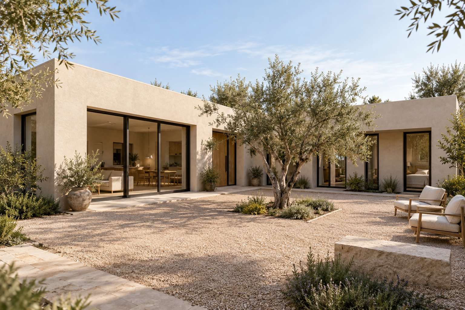 An L-shaped home around a private courtyard